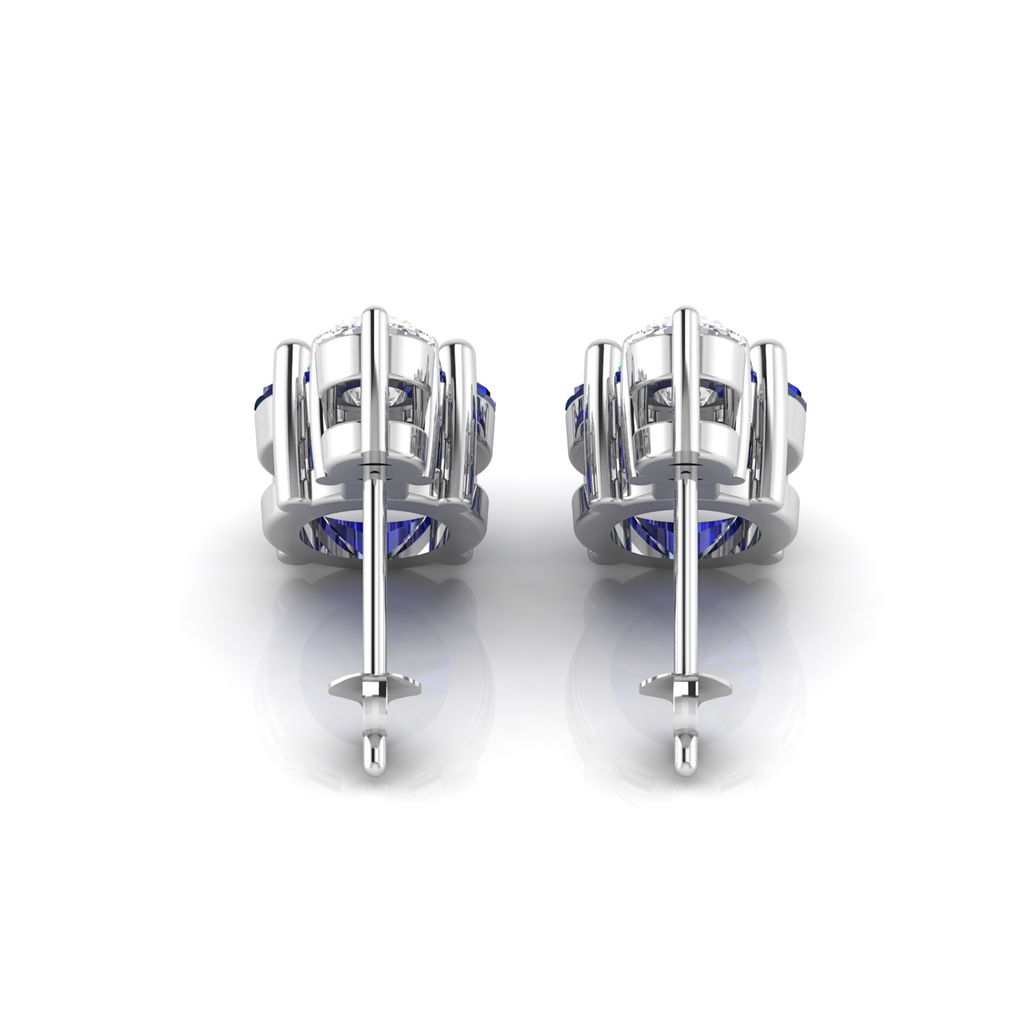 Modern Silver Round Sapphire Drop Diamond Earrings