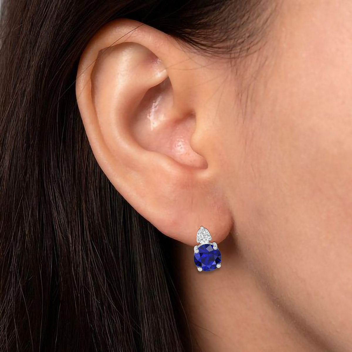 Modern Silver Round Sapphire Drop Diamond Earrings