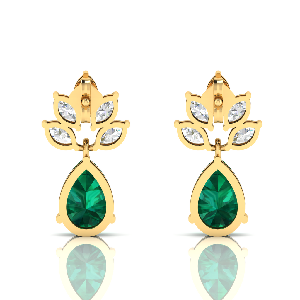 Tear Drop Gold Plated Emerald & Diamond Earrings
