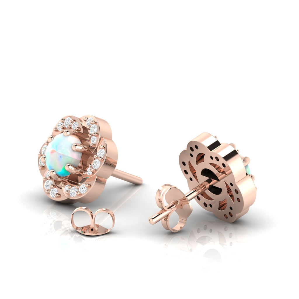 Floral Rose Gold Plated Studs Round Opal & Diamond Earrings