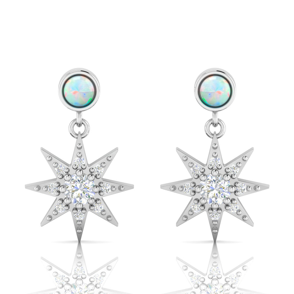 Sterling Silver Starburst Drop Round Opal Earrings