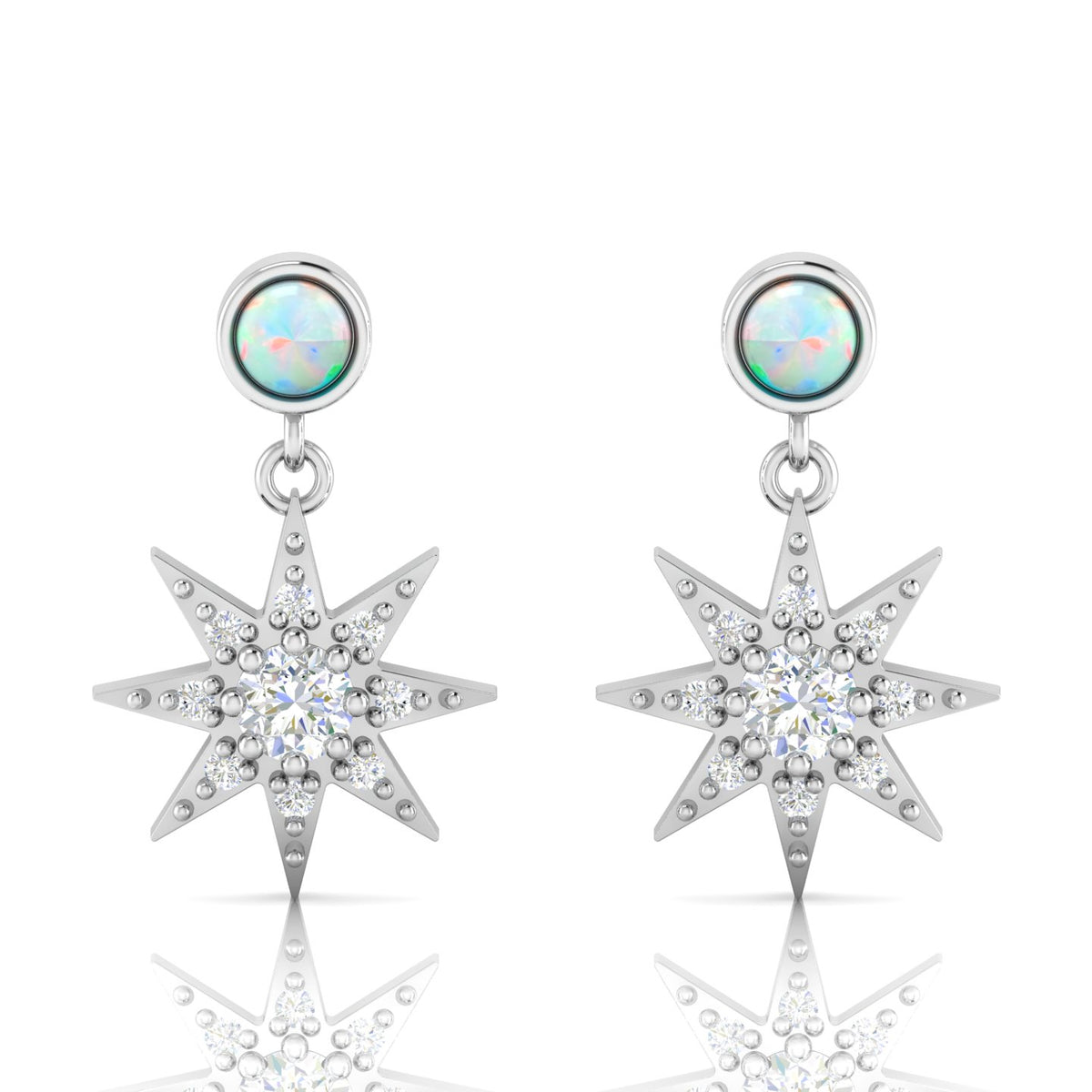 Sterling Silver Starburst Drop Round Opal Earrings