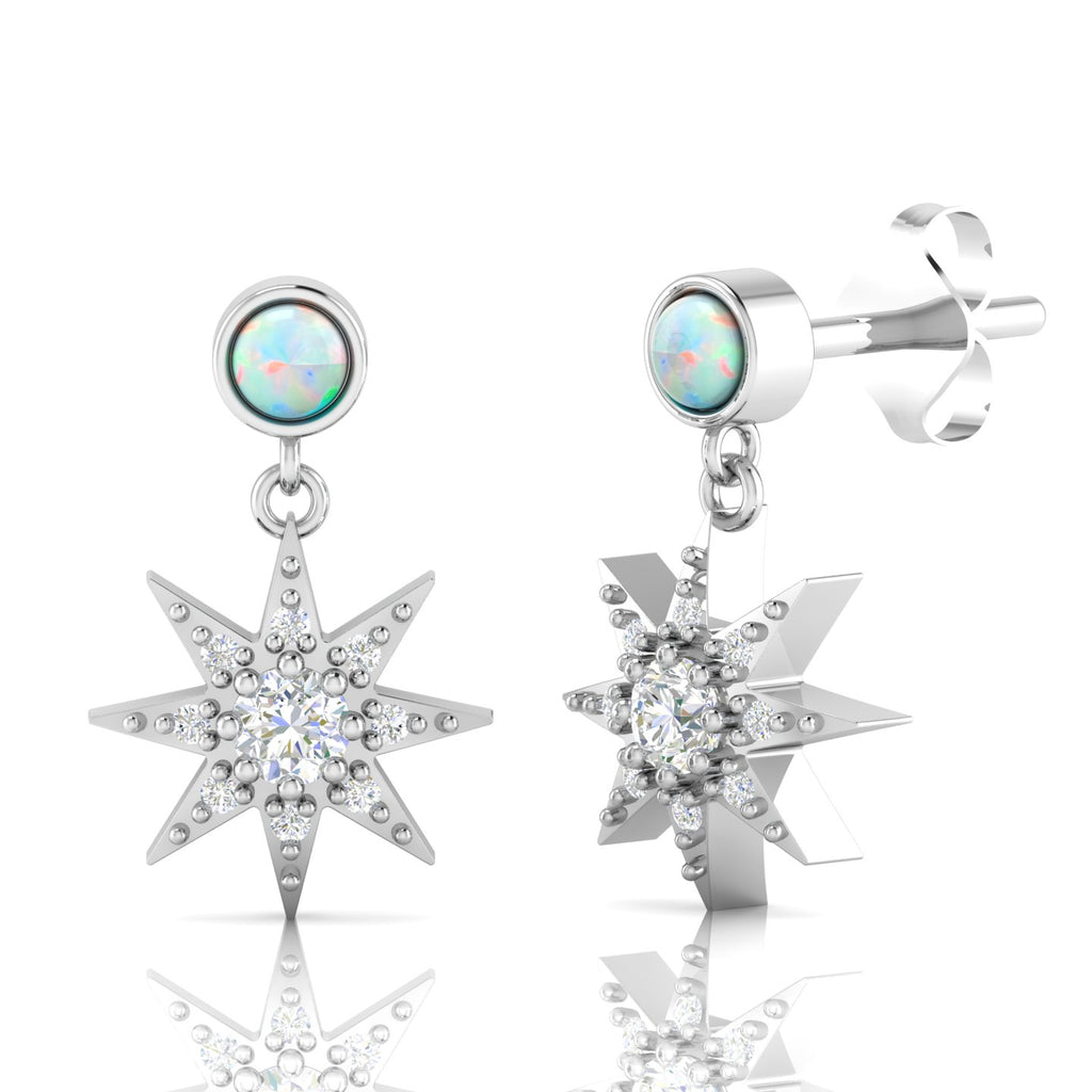 Sterling Silver Starburst Drop Round Opal Earrings