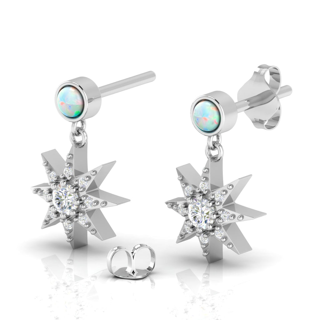 Sterling Silver Starburst Drop Round Opal Earrings