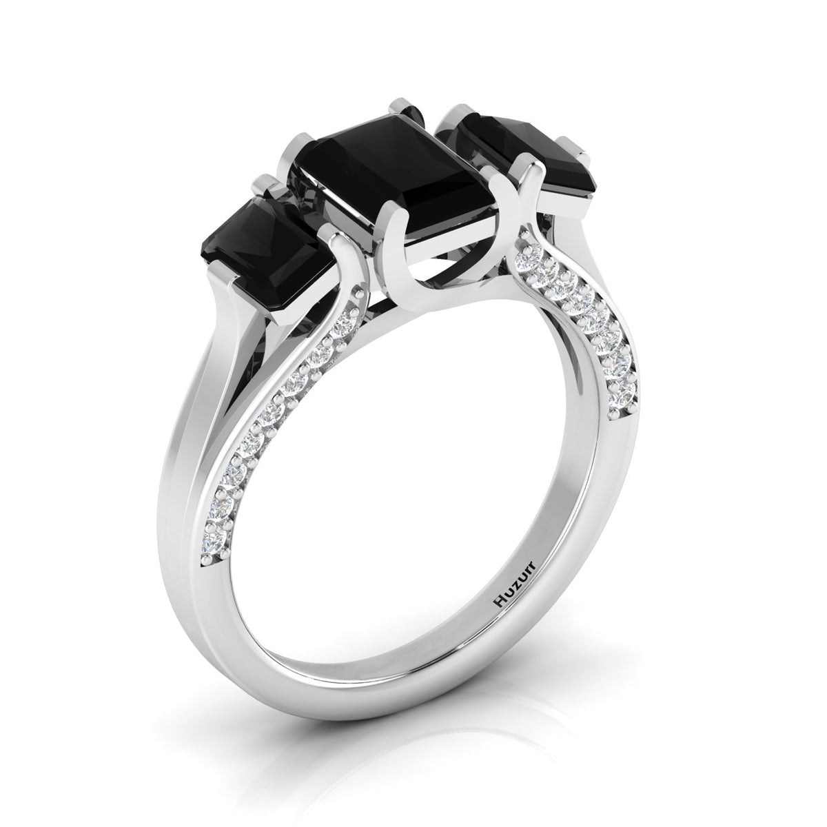 Radiant-Cut Black Diamond Sterling Silver Three Stone Ring
