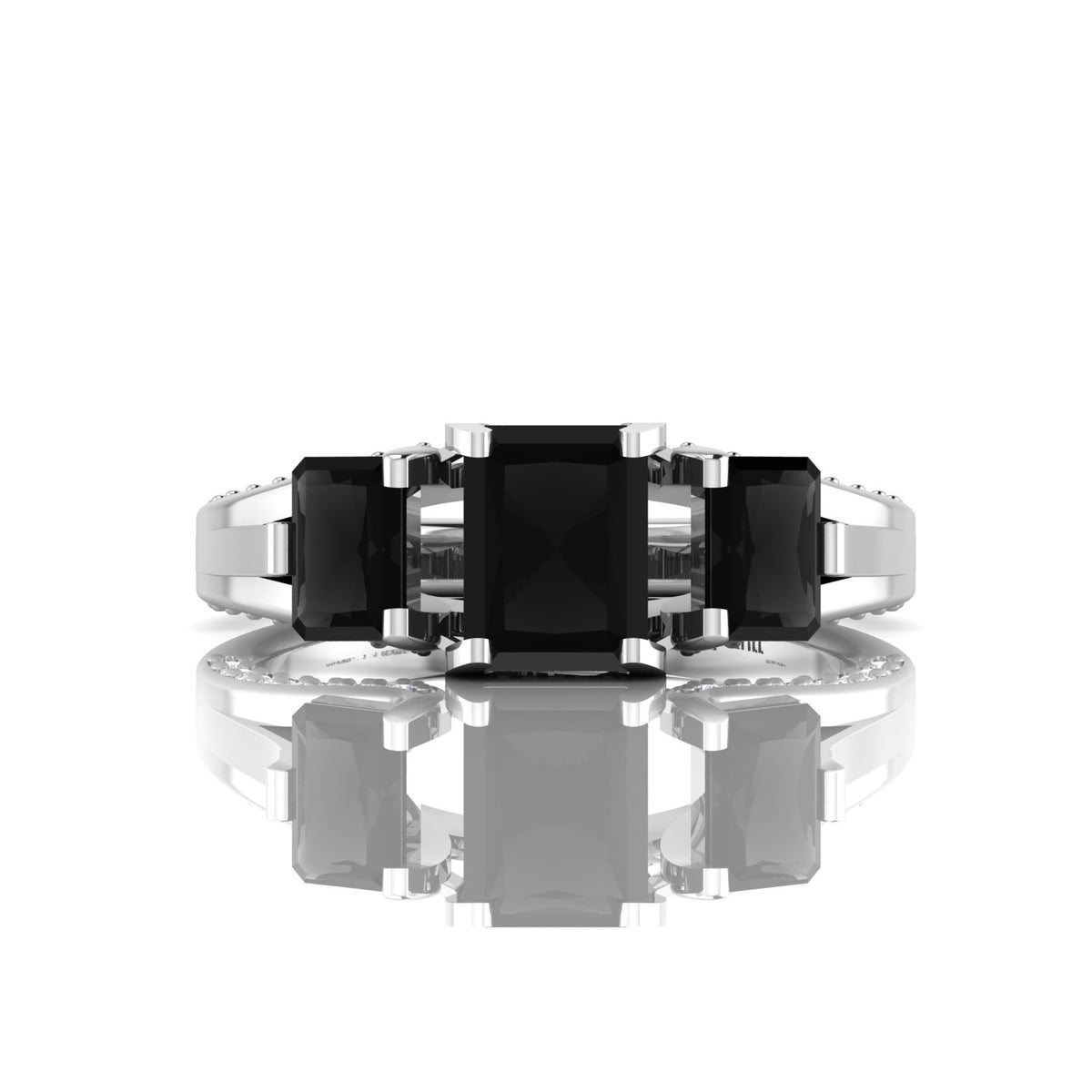 Radiant-Cut Black Diamond Sterling Silver Three Stone Ring