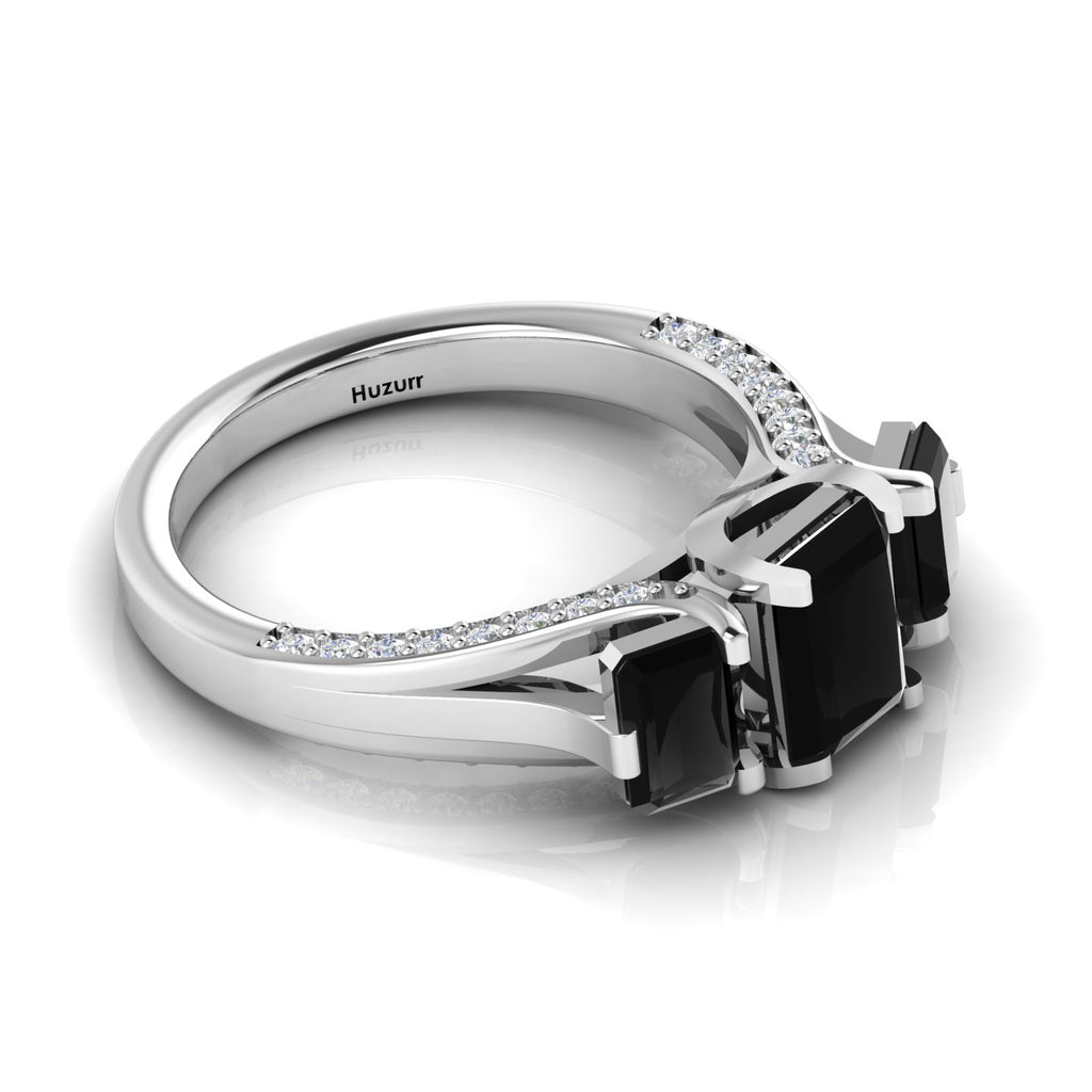 Radiant-Cut Black Diamond Sterling Silver Three Stone Ring