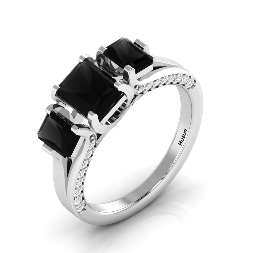 Radiant-Cut Black Diamond Sterling Silver Three Stone Ring
