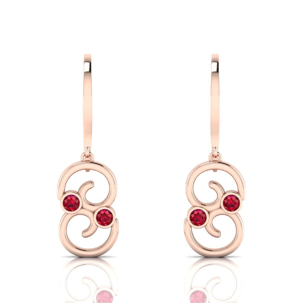 Rose Gold Plated Wire Hook Drop Round Ruby Earrings