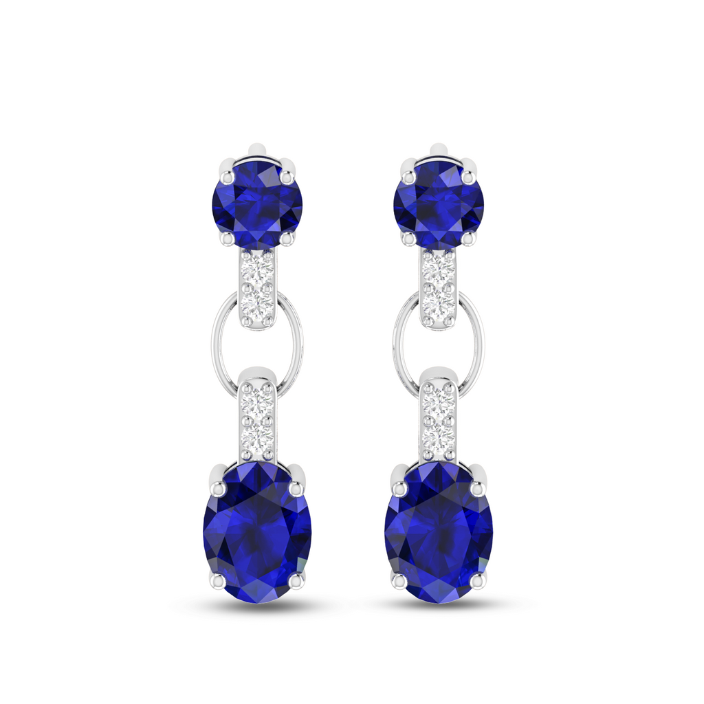 Silver Round & Oval Sapphire Dangle Drop Earrings