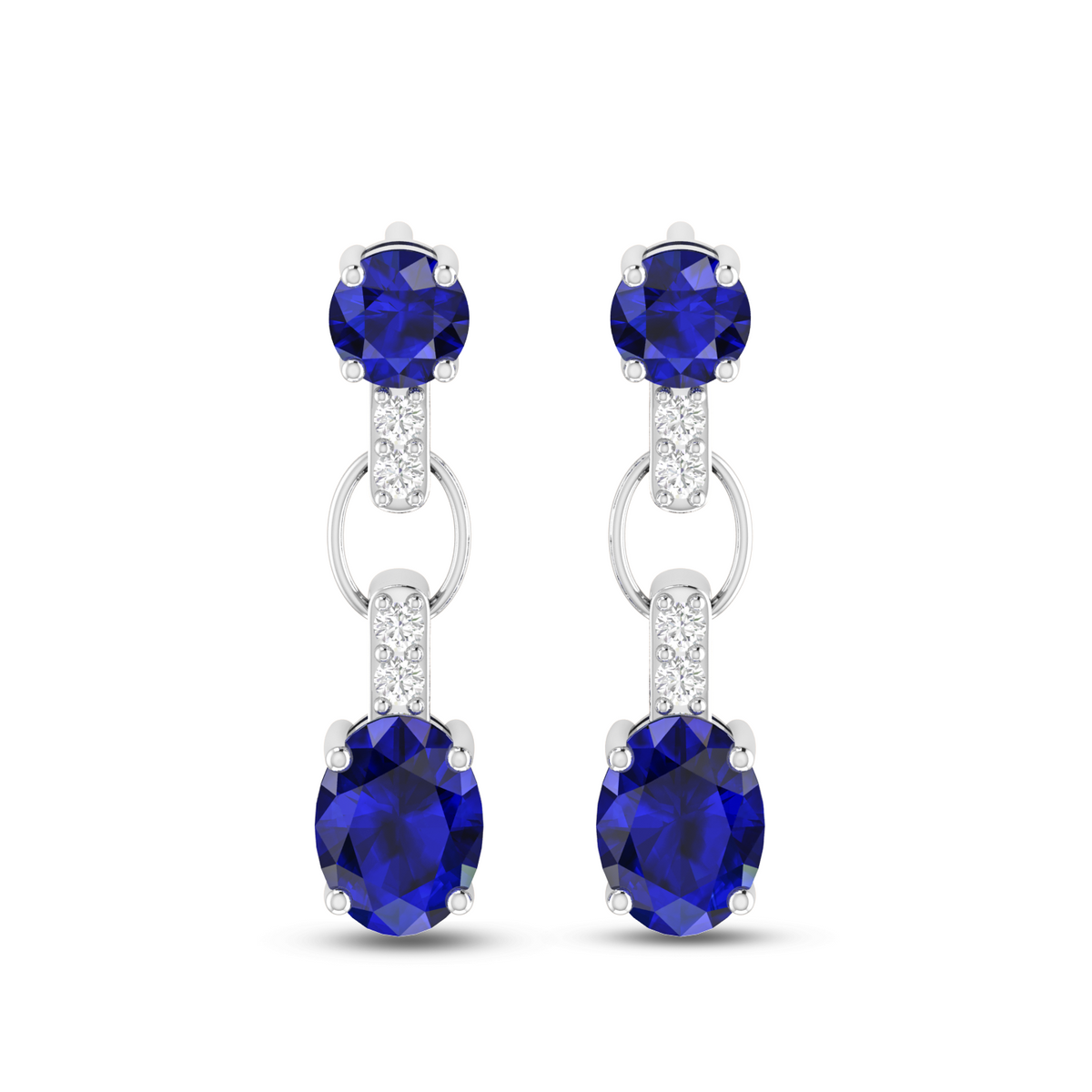 Silver Round & Oval Sapphire Dangle Drop Earrings