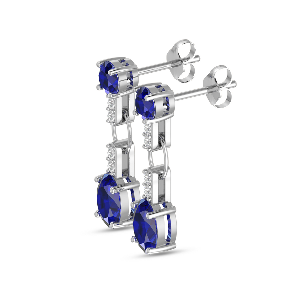 Silver Round & Oval Sapphire Dangle Drop Earrings