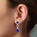 Silver Round & Oval Sapphire Dangle Drop Earrings