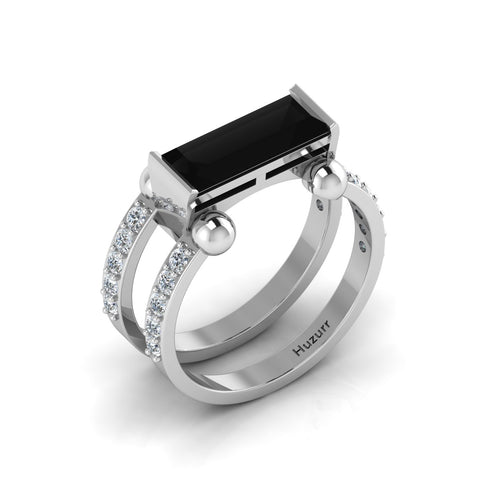 Baguette-Cut Silver Parallel Split Black Diamond Solitaire Ring