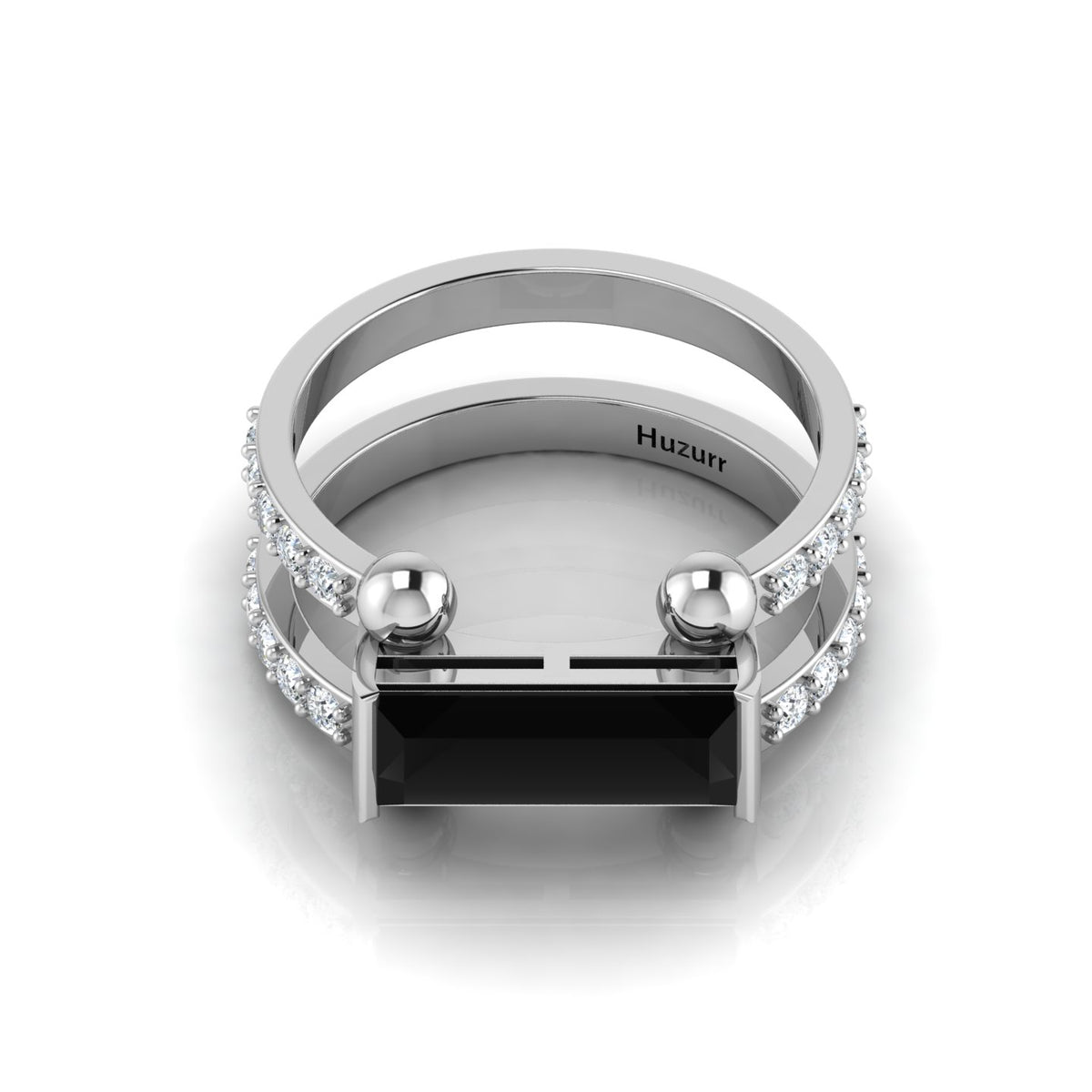 Baguette-Cut Silver Parallel Split Black Diamond Solitaire Ring