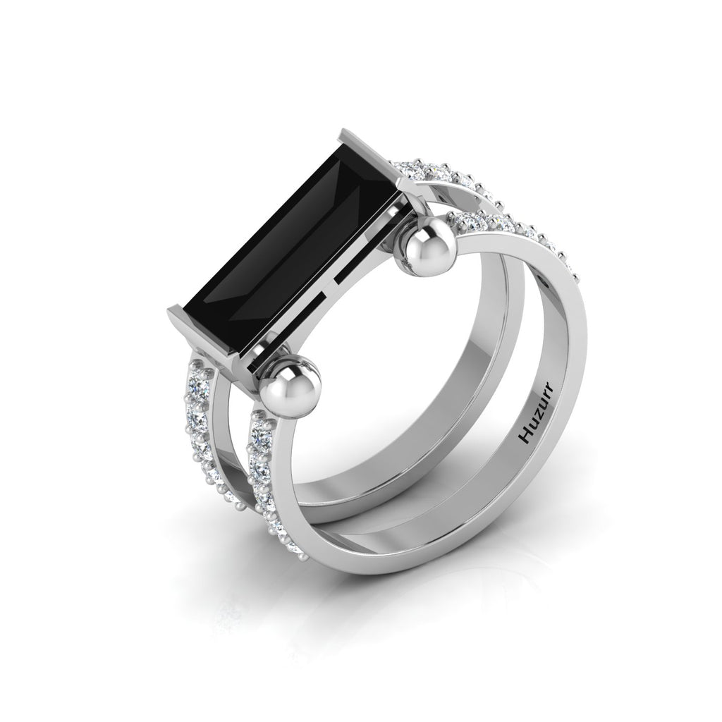 Baguette-Cut Silver Parallel Split Black Diamond Solitaire Ring
