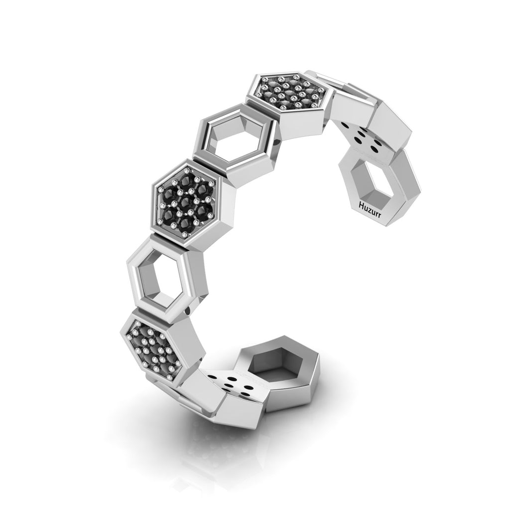 Black Diamond Adjustable Band Honeycomb Silver Ring