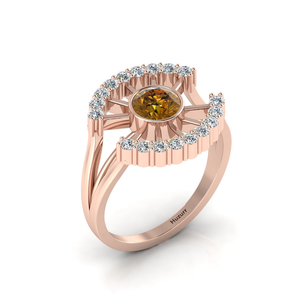 Sun Rays Style Round Coffee Diamond Rose Gold Plated Ring