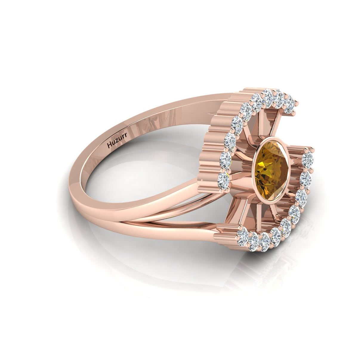Sun Rays Style Round Coffee Diamond Rose Gold Plated Ring