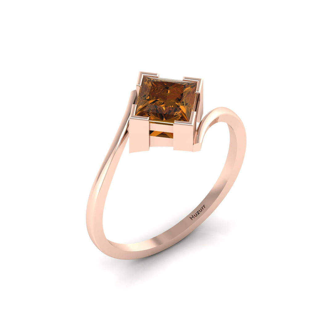 Princess Cut Coffee Diamond Wave Solitaire Rose Gold Plated Ring