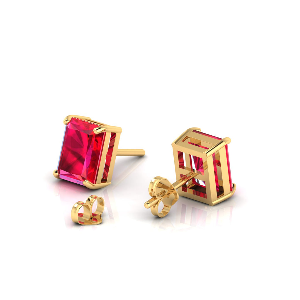 Emerald-Cut Ruby Solitaire Gold Plated Stud Earrings