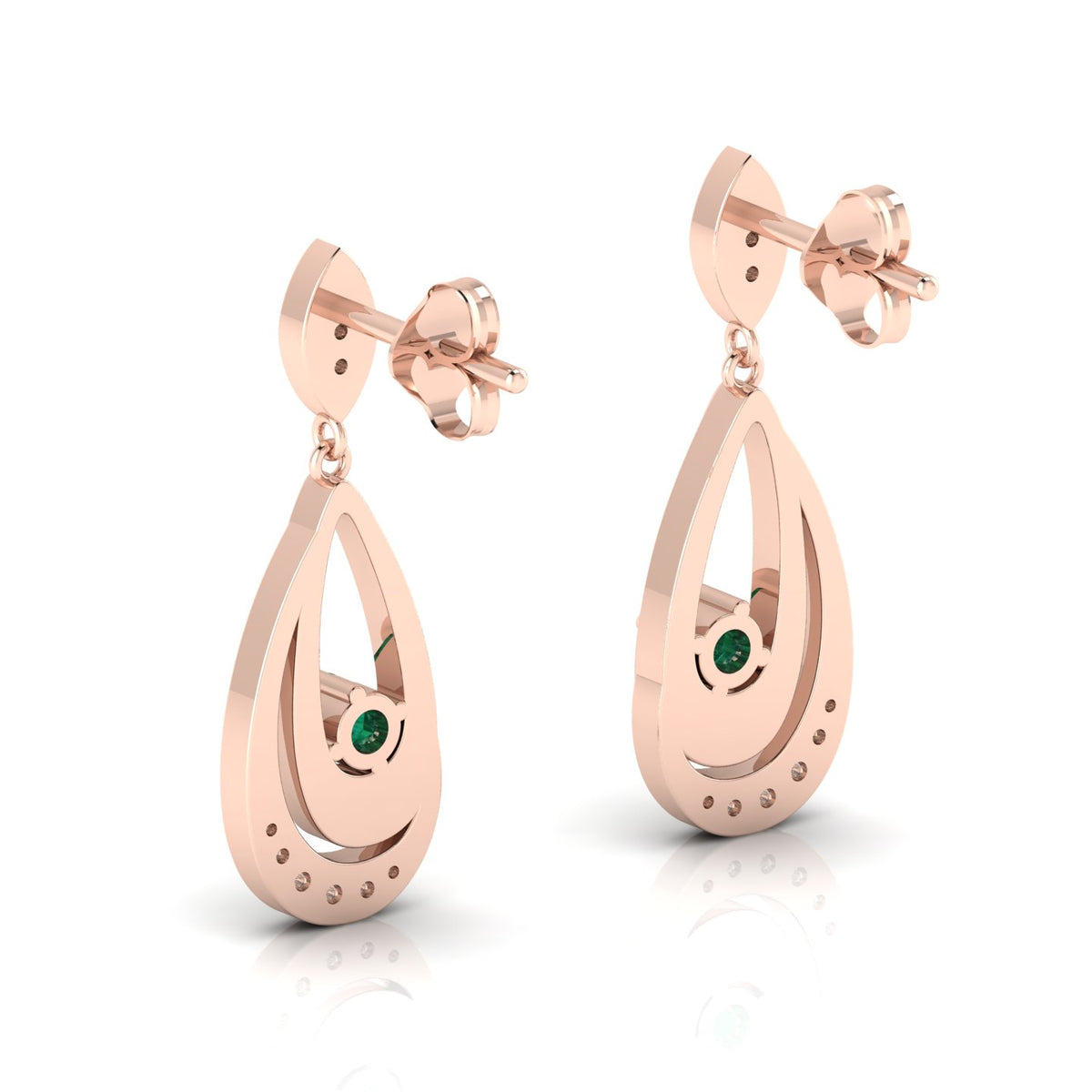 Round Emerald Dangle Drop Rose Gold Plated Earrings