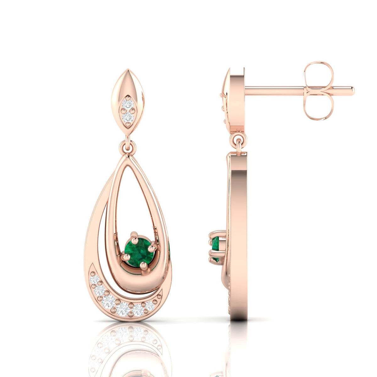 Round Emerald Dangle Drop Rose Gold Plated Earrings