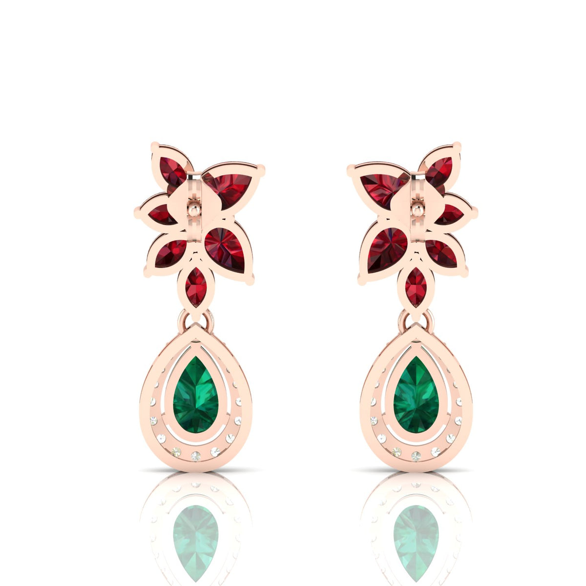 Teardrop Cluster Rose Gold Plated Emerald & Garnet Earrings