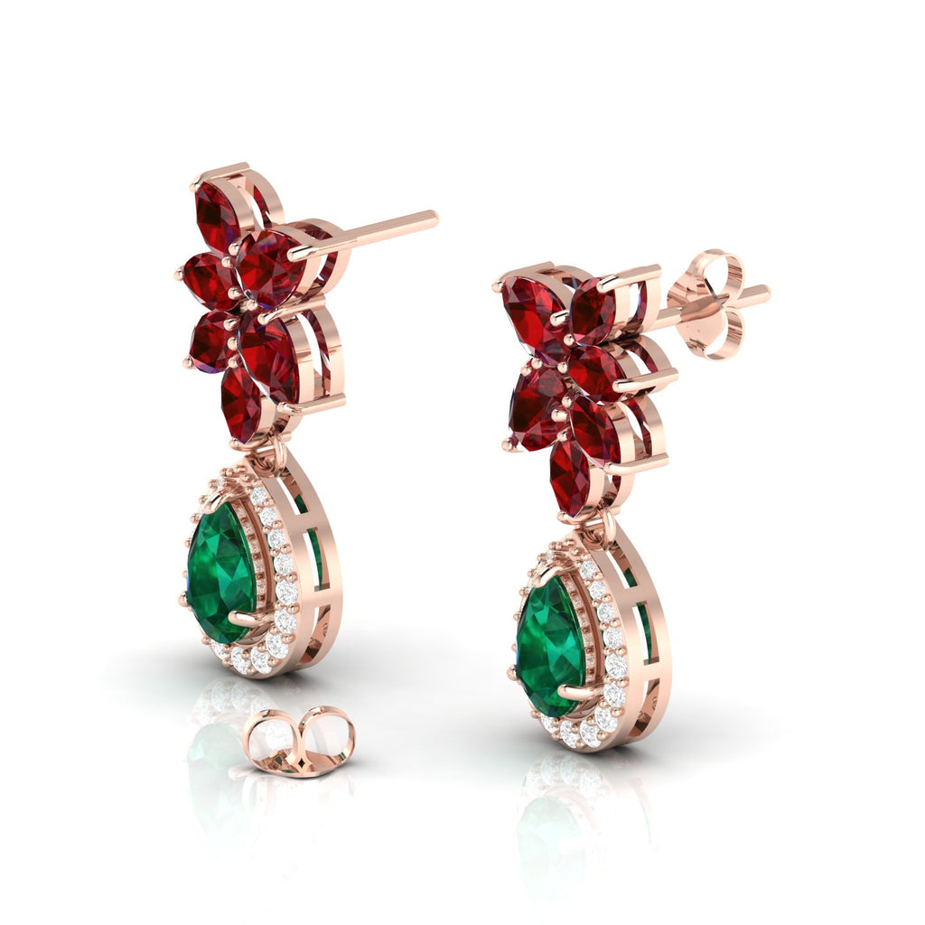 Teardrop Cluster Rose Gold Plated Emerald & Garnet Earrings