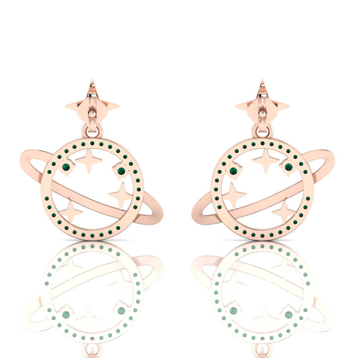 Rose Gold Plated Star Saturn Planet Emerald Earrings