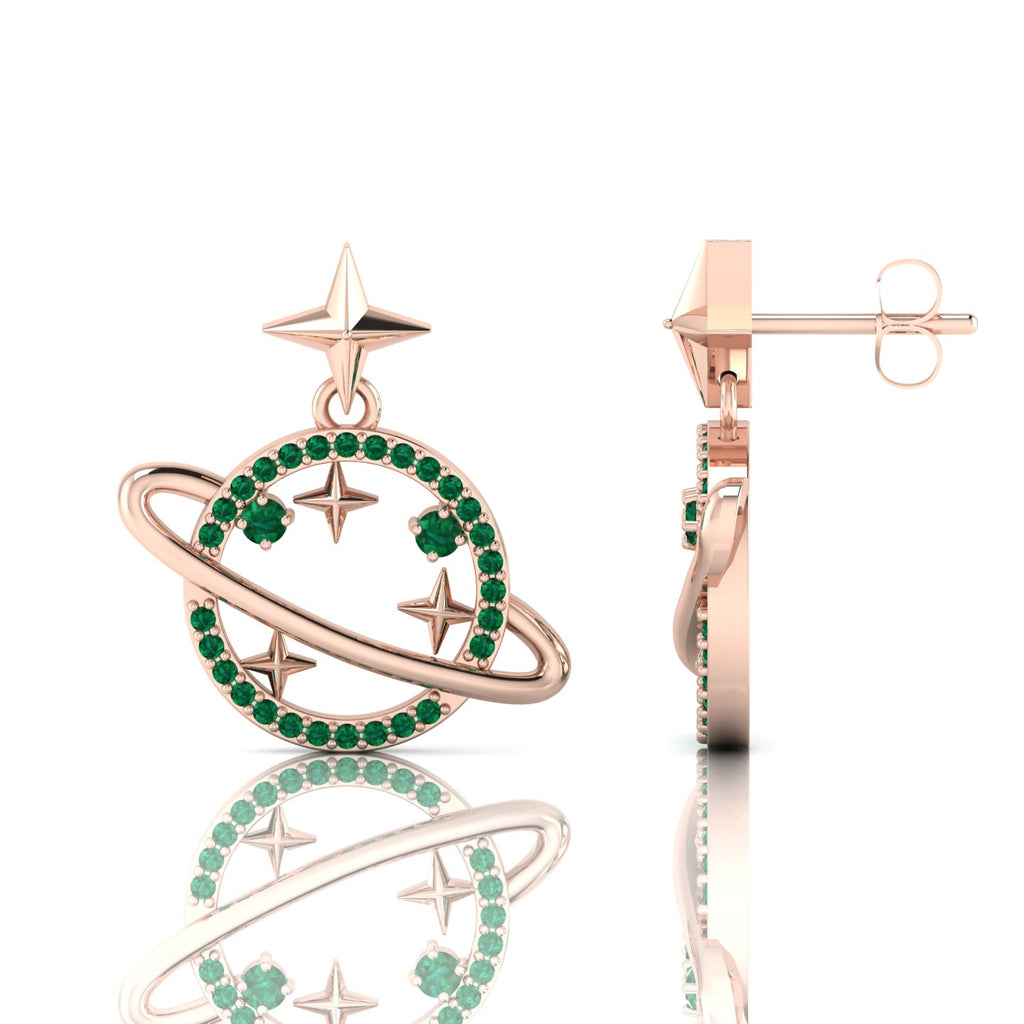 Rose Gold Plated Star Saturn Planet Emerald Earrings