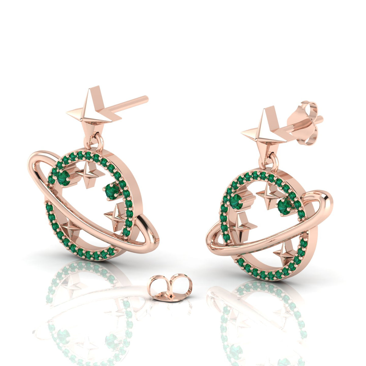 Rose Gold Plated Star Saturn Planet Emerald Earrings