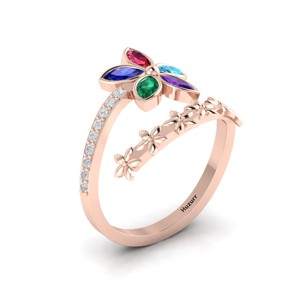 Multicolor Stone Floral Cocktail Rose Gold Plated Adjustable Ring