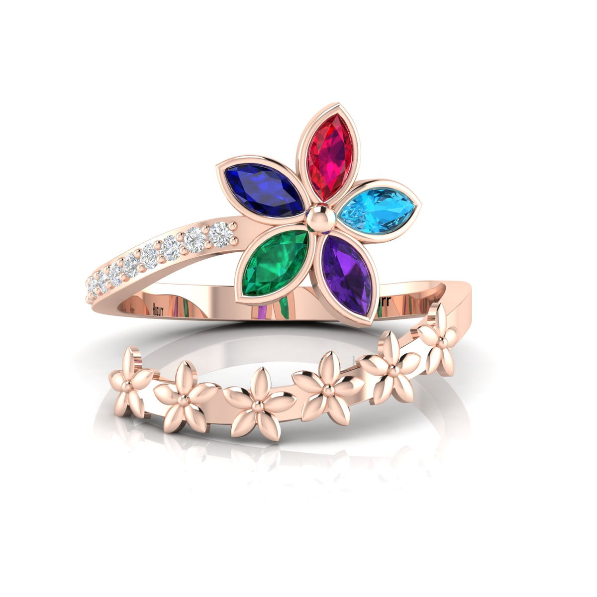 Multicolor Stone Floral Cocktail Rose Gold Plated Adjustable Ring
