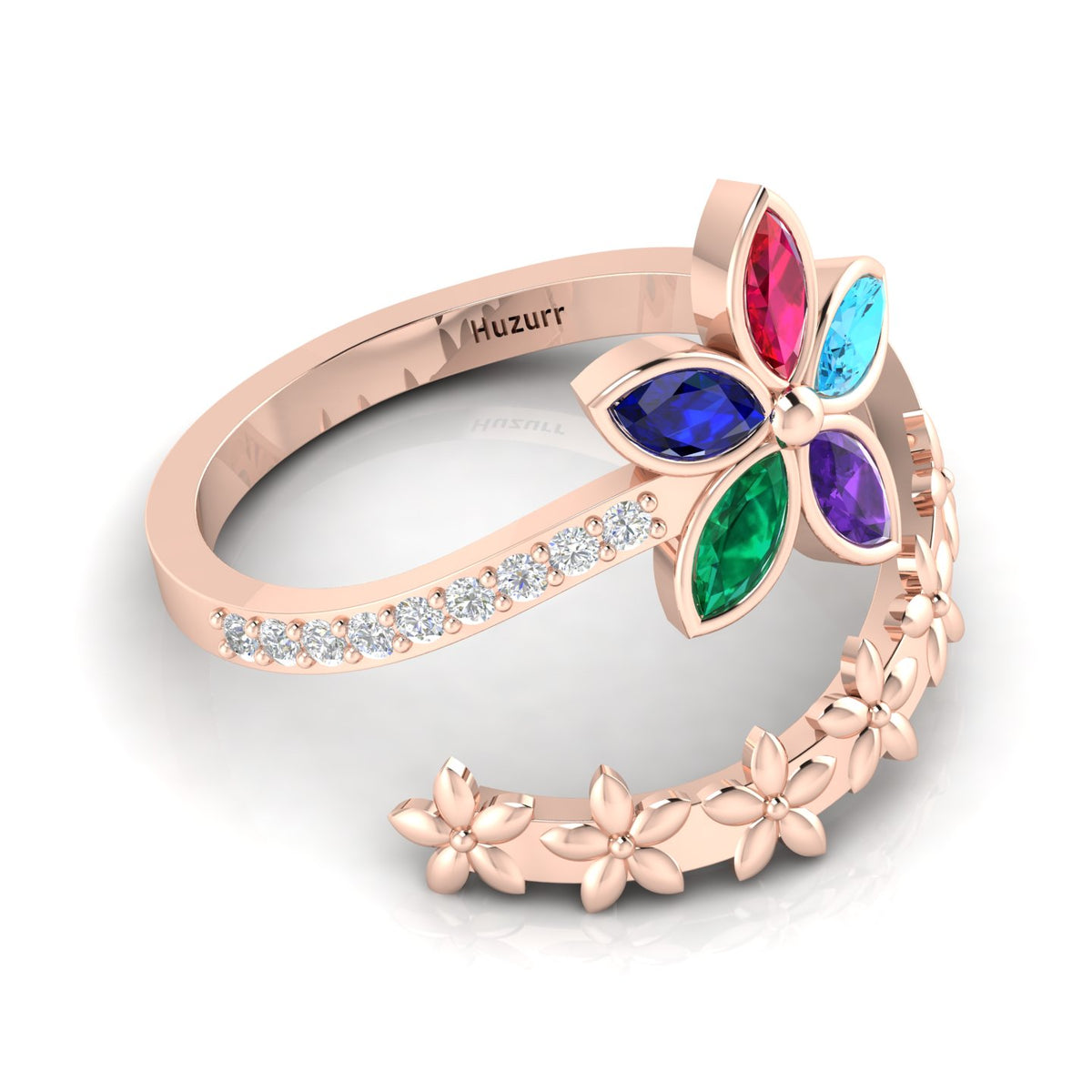 Multicolor Stone Floral Cocktail Rose Gold Plated Adjustable Ring