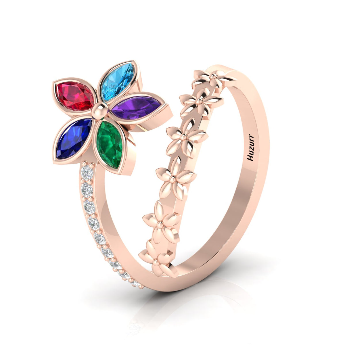 Multicolor Stone Floral Cocktail Rose Gold Plated Adjustable Ring