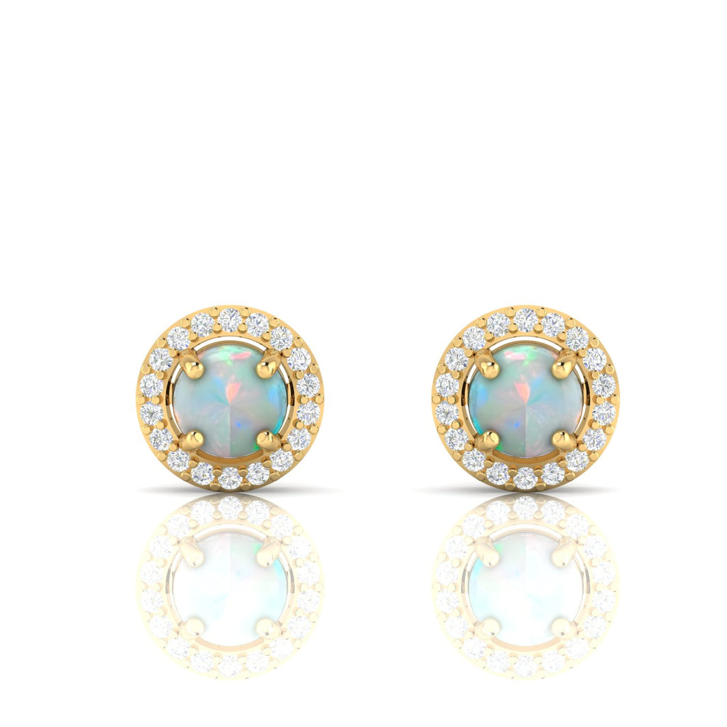 Round Opal & Diamond Halo Gold Plated Stud Earrings
