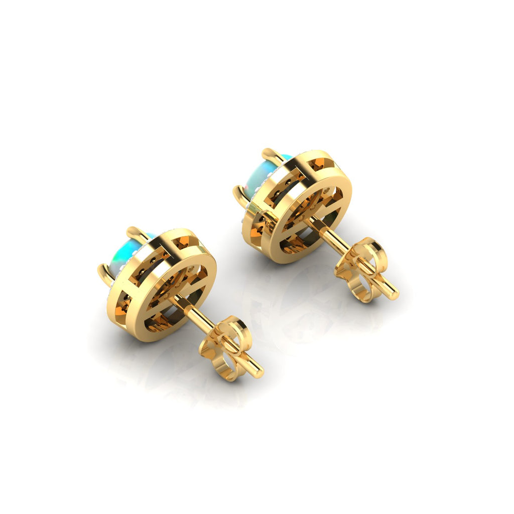 Round Opal & Diamond Halo Gold Plated Stud Earrings