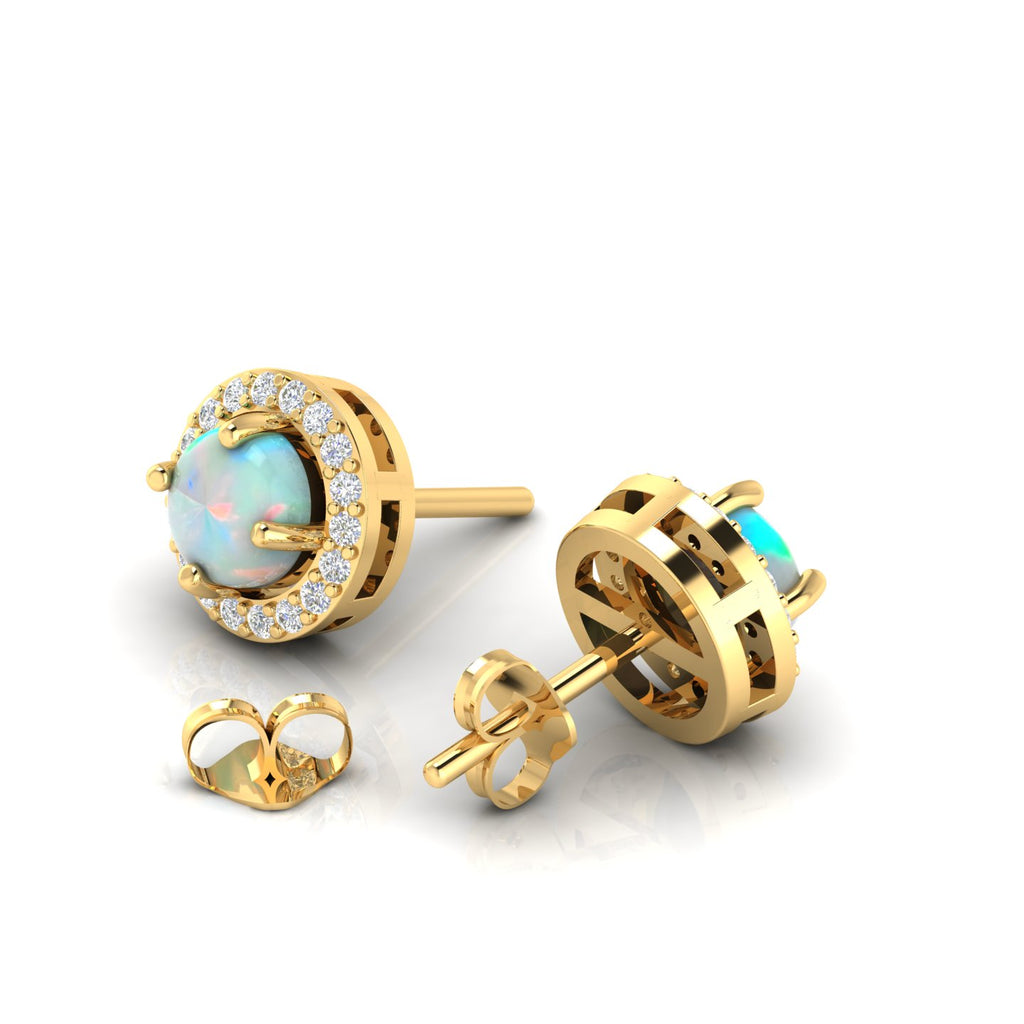 Round Opal & Diamond Halo Gold Plated Stud Earrings