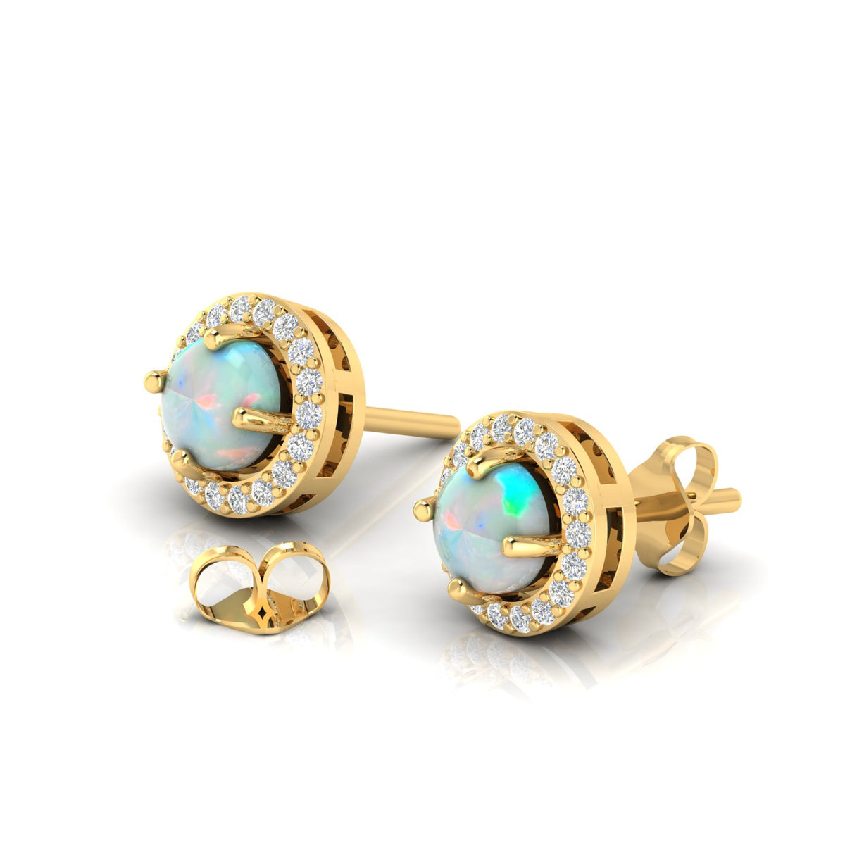 Round Opal & Diamond Halo Gold Plated Stud Earrings
