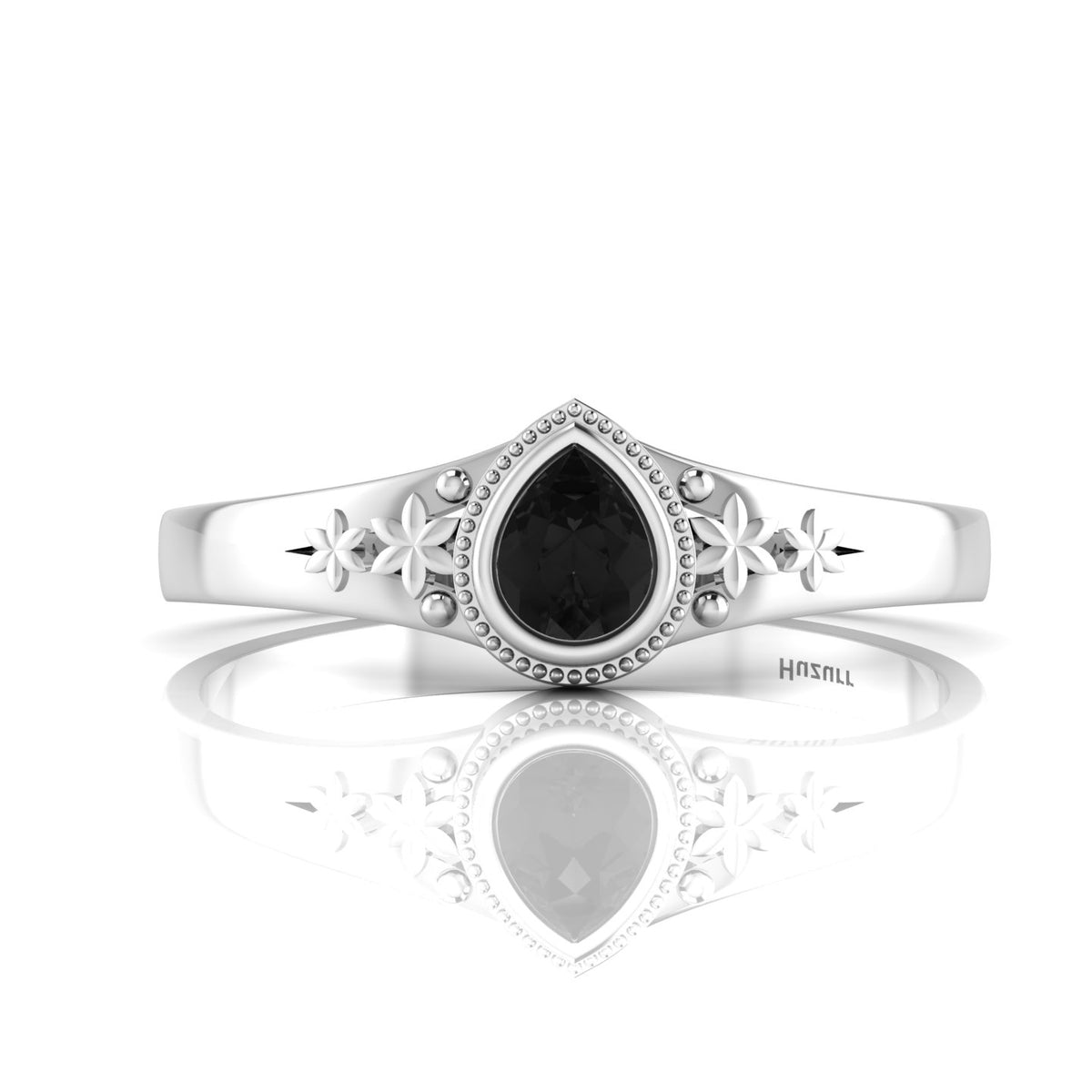 Tear Drop Style Black Diamond Flower 925 Silver Solitaire Ring