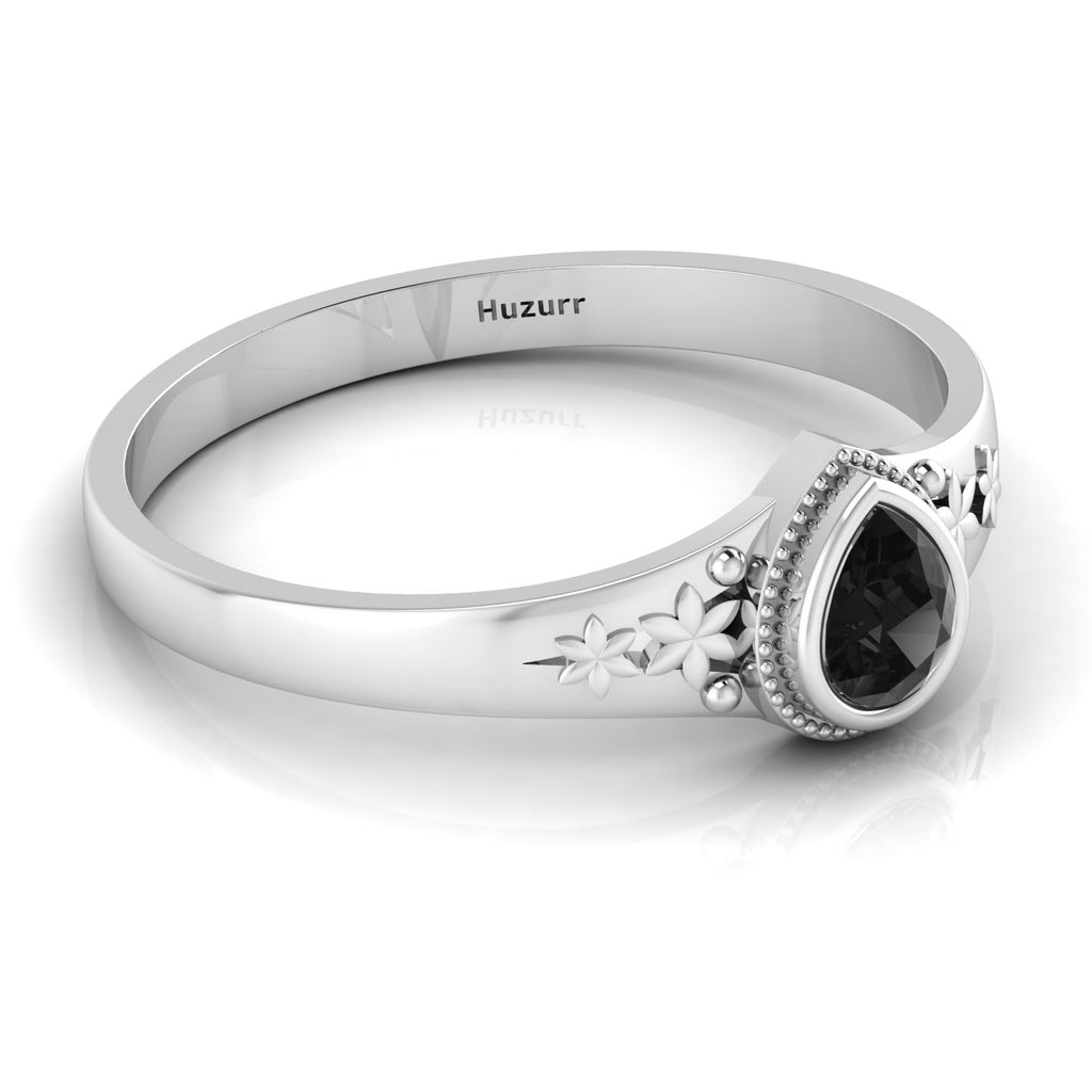 Tear Drop Style Black Diamond Flower 925 Silver Solitaire Ring