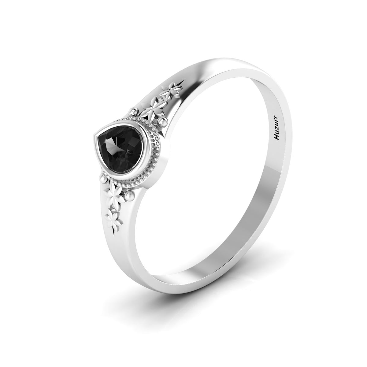 Tear Drop Style Black Diamond Flower 925 Silver Solitaire Ring