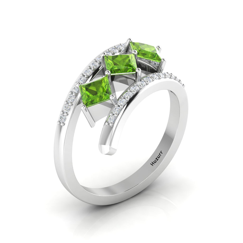 Princess-Cut Peridot 925 Silver Three Stone  Ring