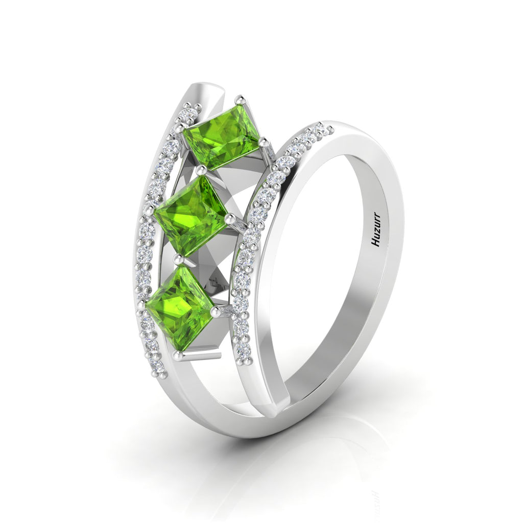 Princess-Cut Peridot 925 Silver Three Stone  Ring