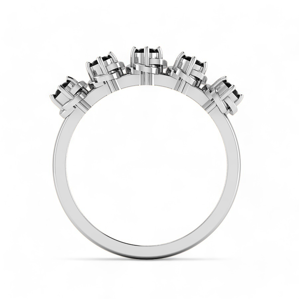 5 Stone Black Diamond Rose Flower 925 Silver Ring