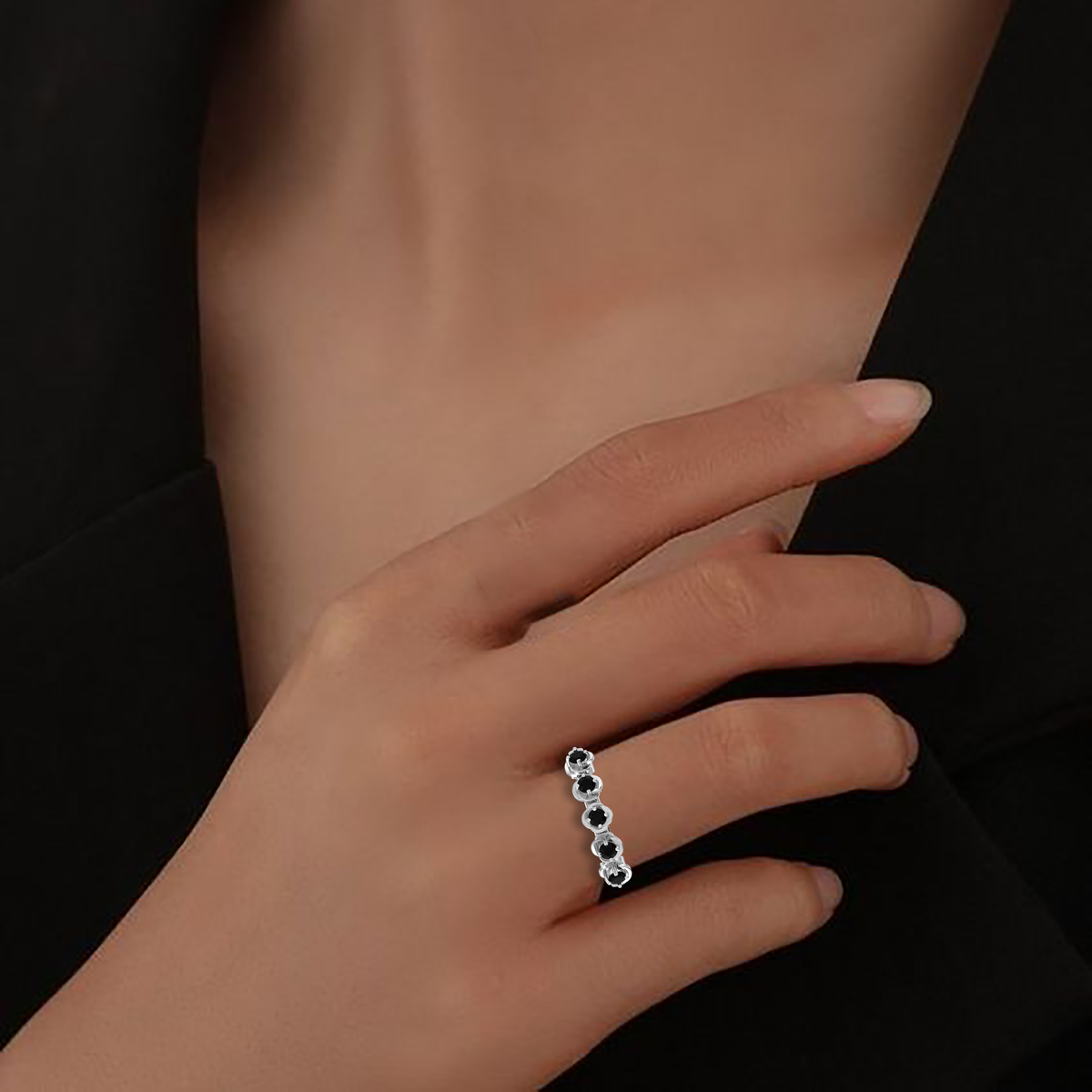 5 Stone Black Diamond Rose Flower 925 Silver Ring