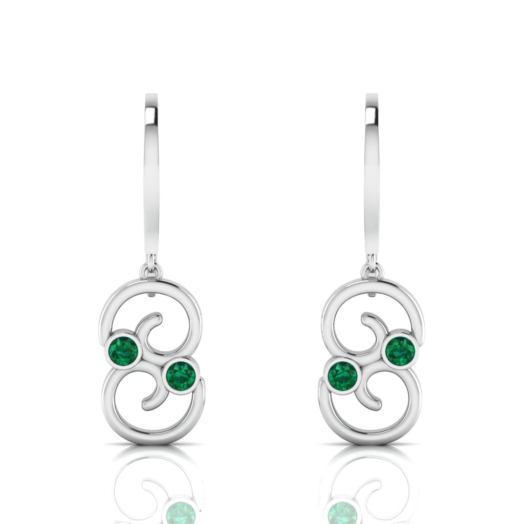 Round Emerald Wire Hook Drop Sterling Silver Earrings