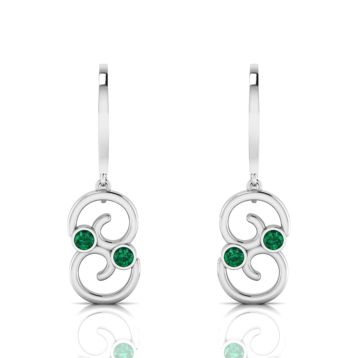 Round Emerald Wire Hook Drop Sterling Silver Earrings