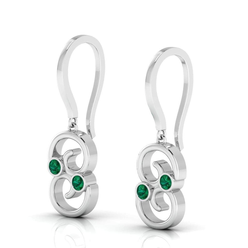 Round Emerald Wire Hook Drop Sterling Silver Earrings